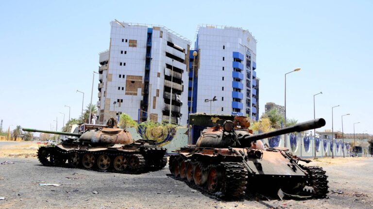 FILE PHOTO: A view of damaged tanks in front of the Central Bank of Sudan building, in Khartoum